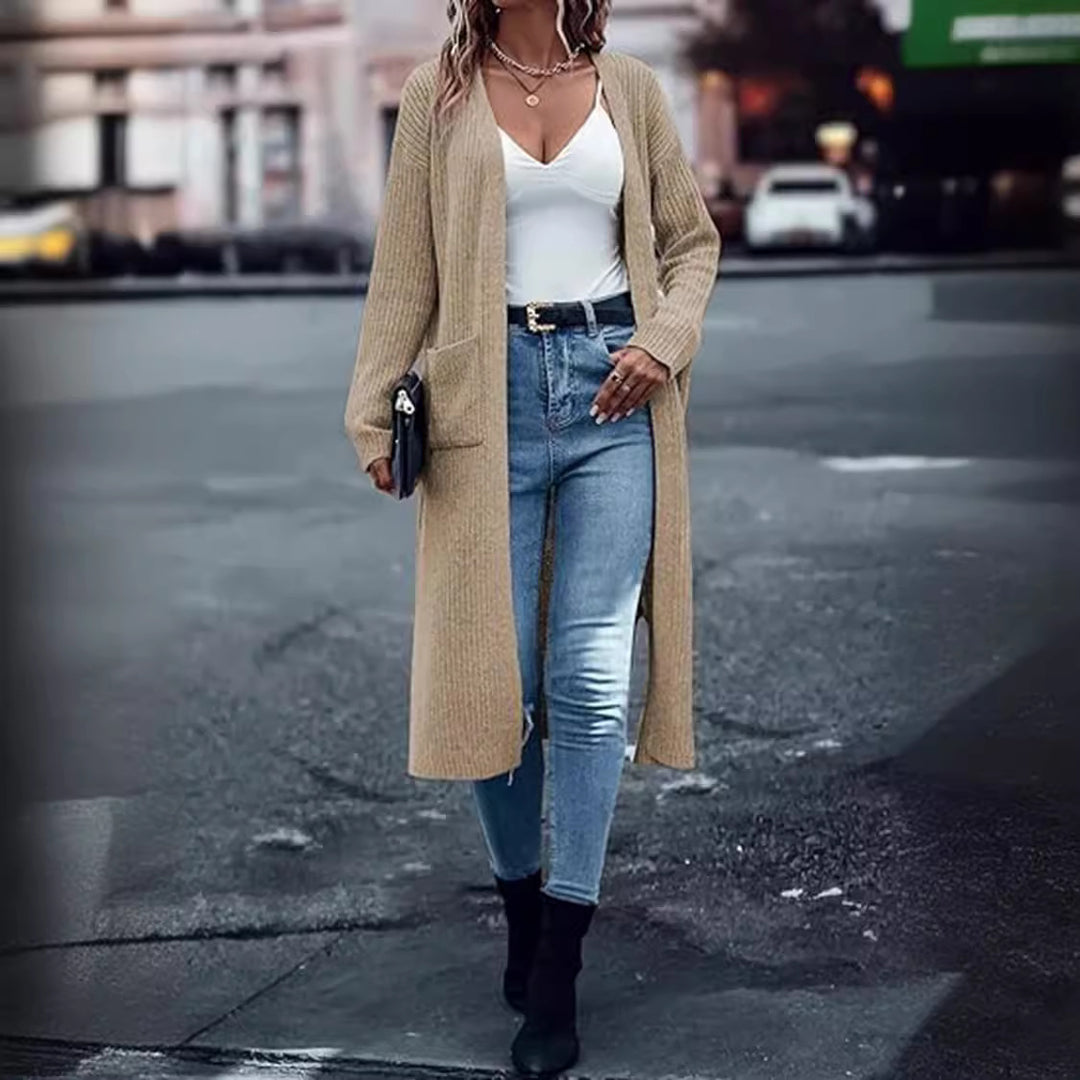 Long knit coat for women with structured design and practical pockets Lune London