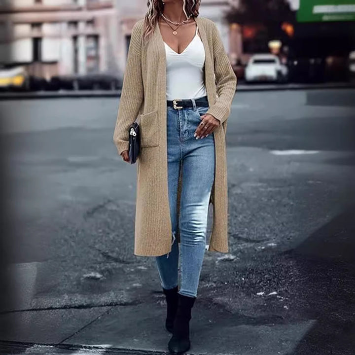 Long knit coat for women with structured design and practical pockets Lune London