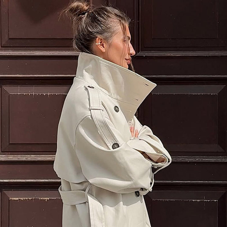 Women's waistless long trench coat in oversized cut with double button placket and shoulder epaulettes Amarae
