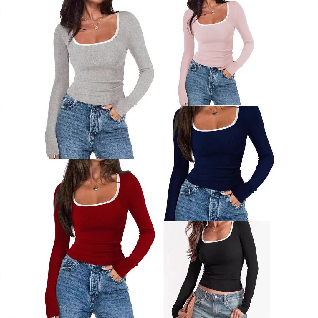 Ladies fitted rib shirt with wide square neckline and contrast edge Amarae