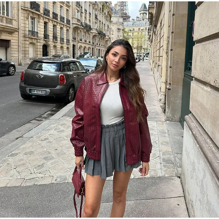 Faux leather bomber jacket for women with structured design and elastic waist Lune London