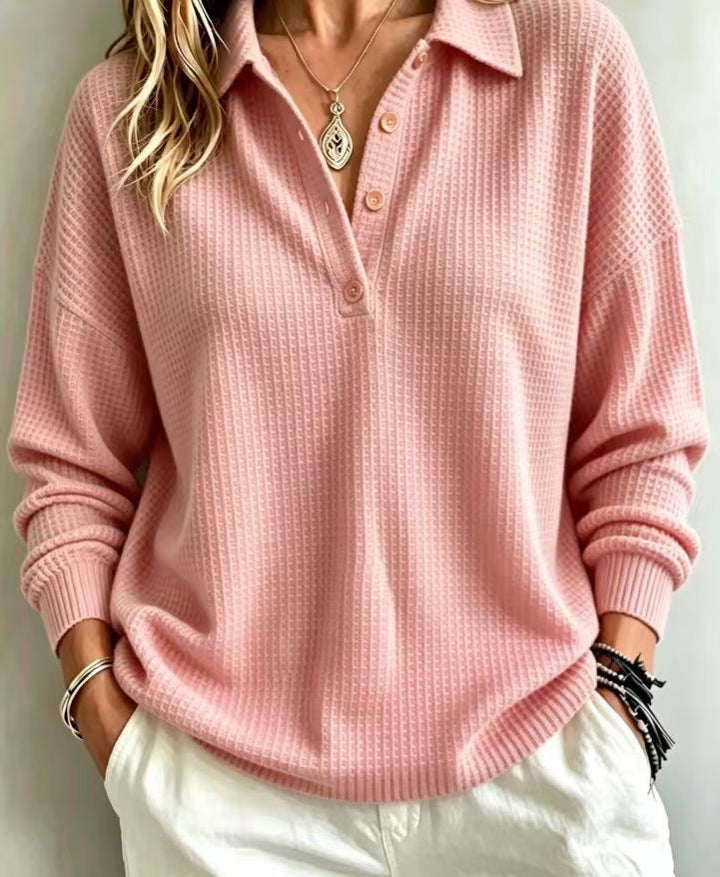 Ladies waffle knit polo with oversized fit, button placket and roll neck look Amarae