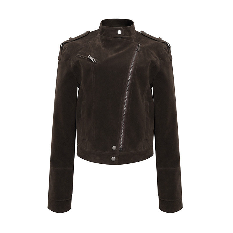 Women's Short Suede Leather Biker Jacket with Asymmetric Zipper and Stand-up Collar Amarae