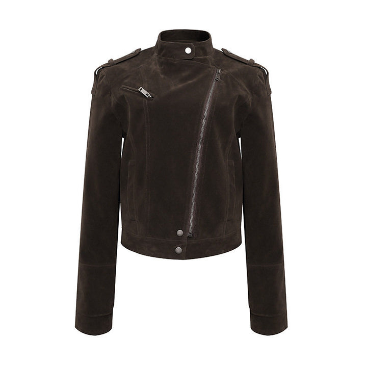 Women's Short Suede Leather Biker Jacket with Asymmetric Zipper and Stand-up Collar Amarae