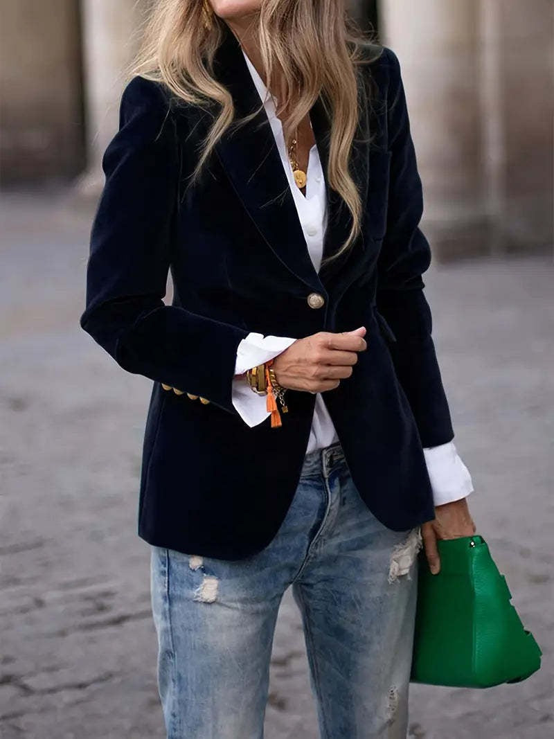 Blazer élégant en velours pour dames avec coupe cintrée et boutons dorés