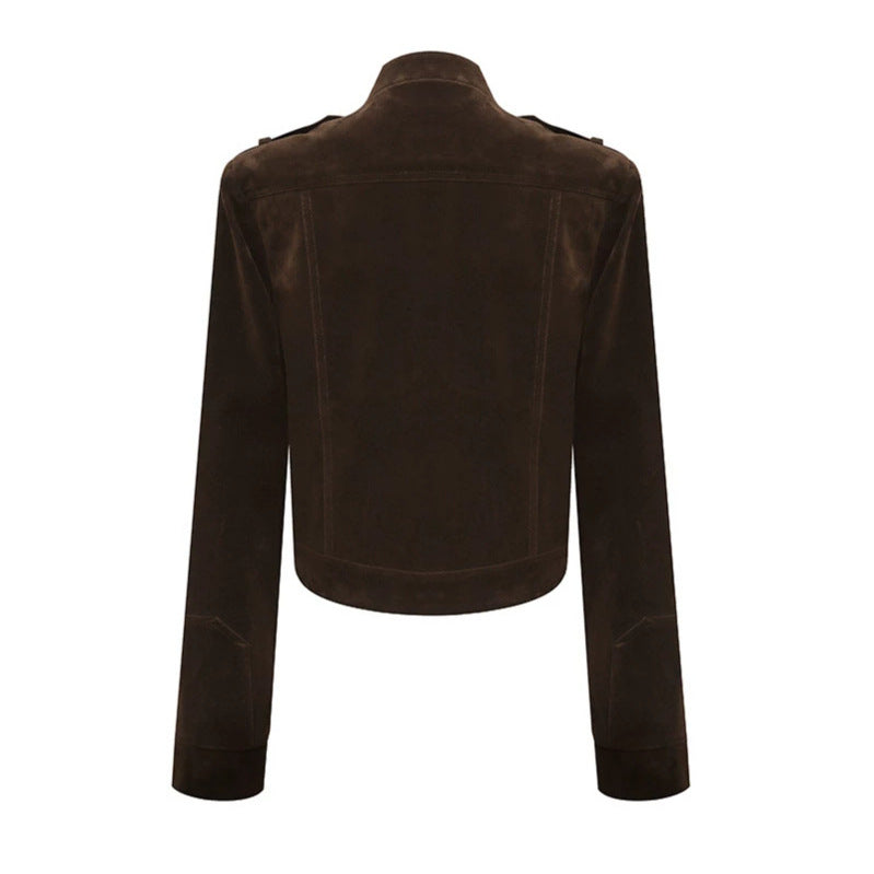 Women's Short Suede Leather Biker Jacket with Asymmetric Zipper and Stand-up Collar Amarae