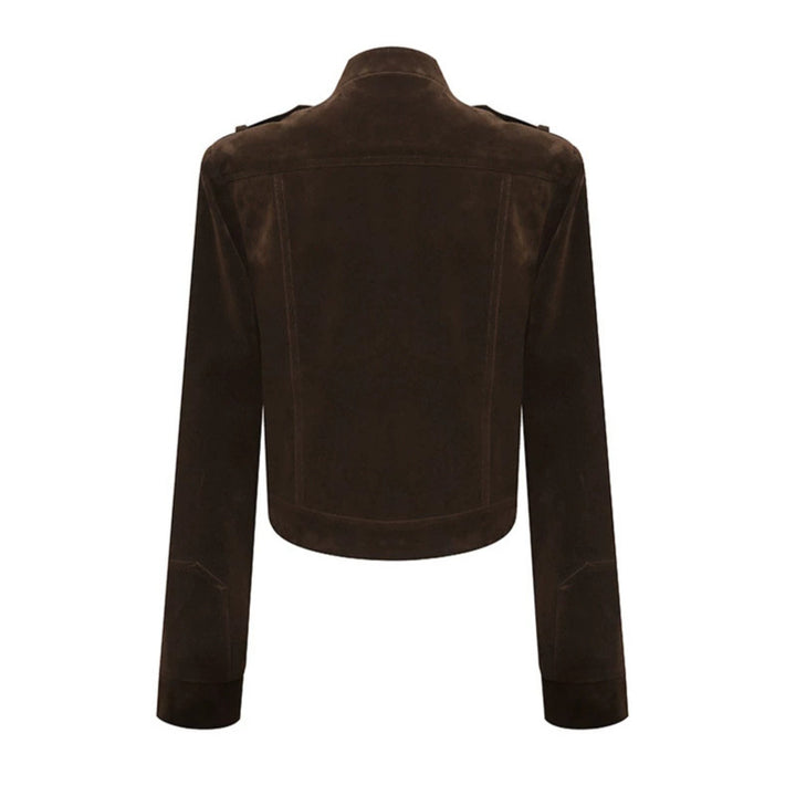 Women's Short Suede Leather Biker Jacket with Asymmetric Zipper and Stand-up Collar Amarae