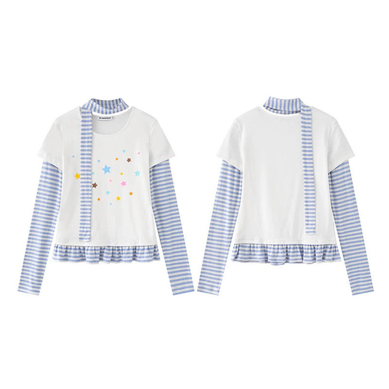 Women's Layered Long Sleeve Shirt with Striped Sleeves, Star Print, Ruffled Hem and Scarf Detail