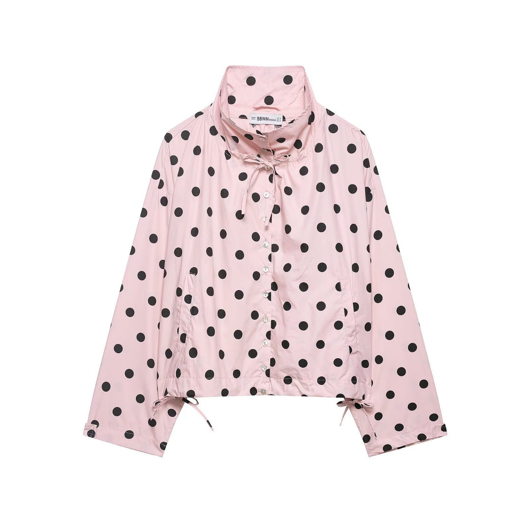 Women's Lightweight Polka Dot Wind Jacket with Stand-Up Collar and Drawstring Amarae