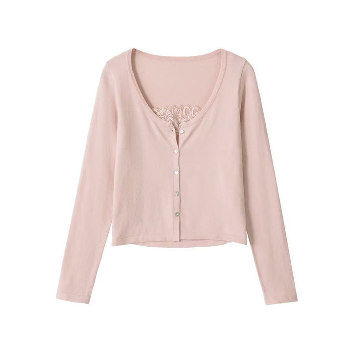 Women's short cardigan made of fine knit with V-neck, button placket, and lace insert Amarae
