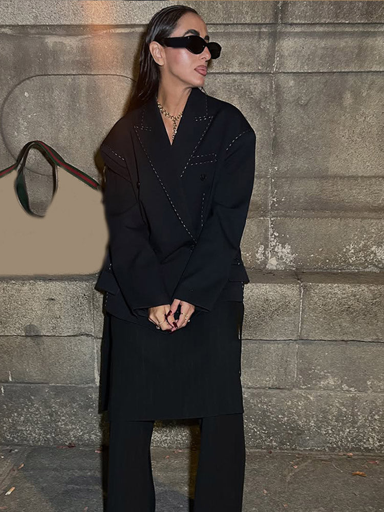 Women Oversized Two-Piece Boxy Blazer and Wide Pleated Trousers with Decorative Stitching Amarae