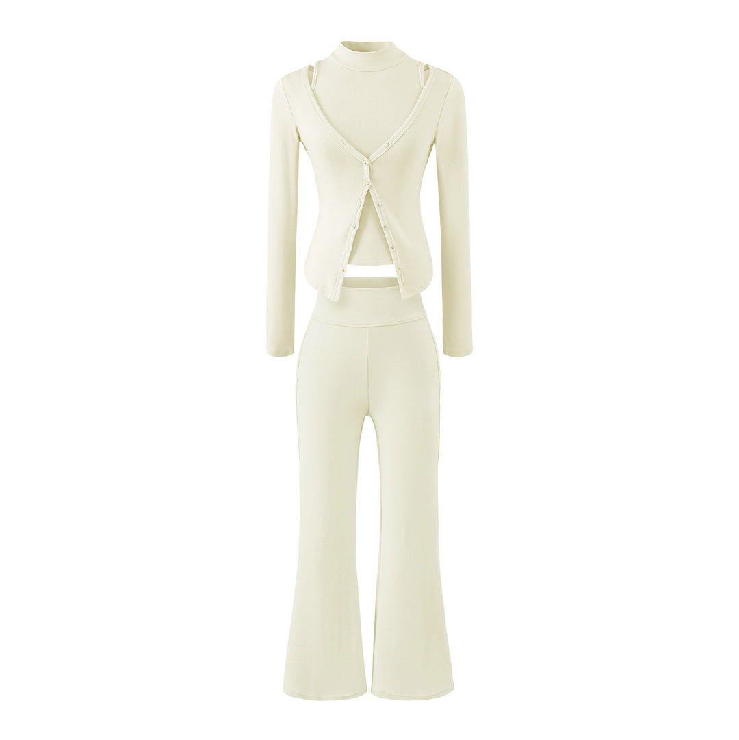 Women Figure-Hugging Layering Set with Turtleneck Long Sleeve and Asymmetrical Button Jacket and Flared High-Waist Pants Amarae
