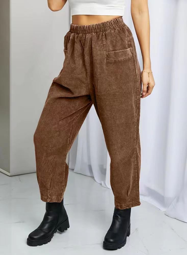 Ladies Comfortable Corduroy Leisure Pants with Elastic Waist and Pockets Lune London