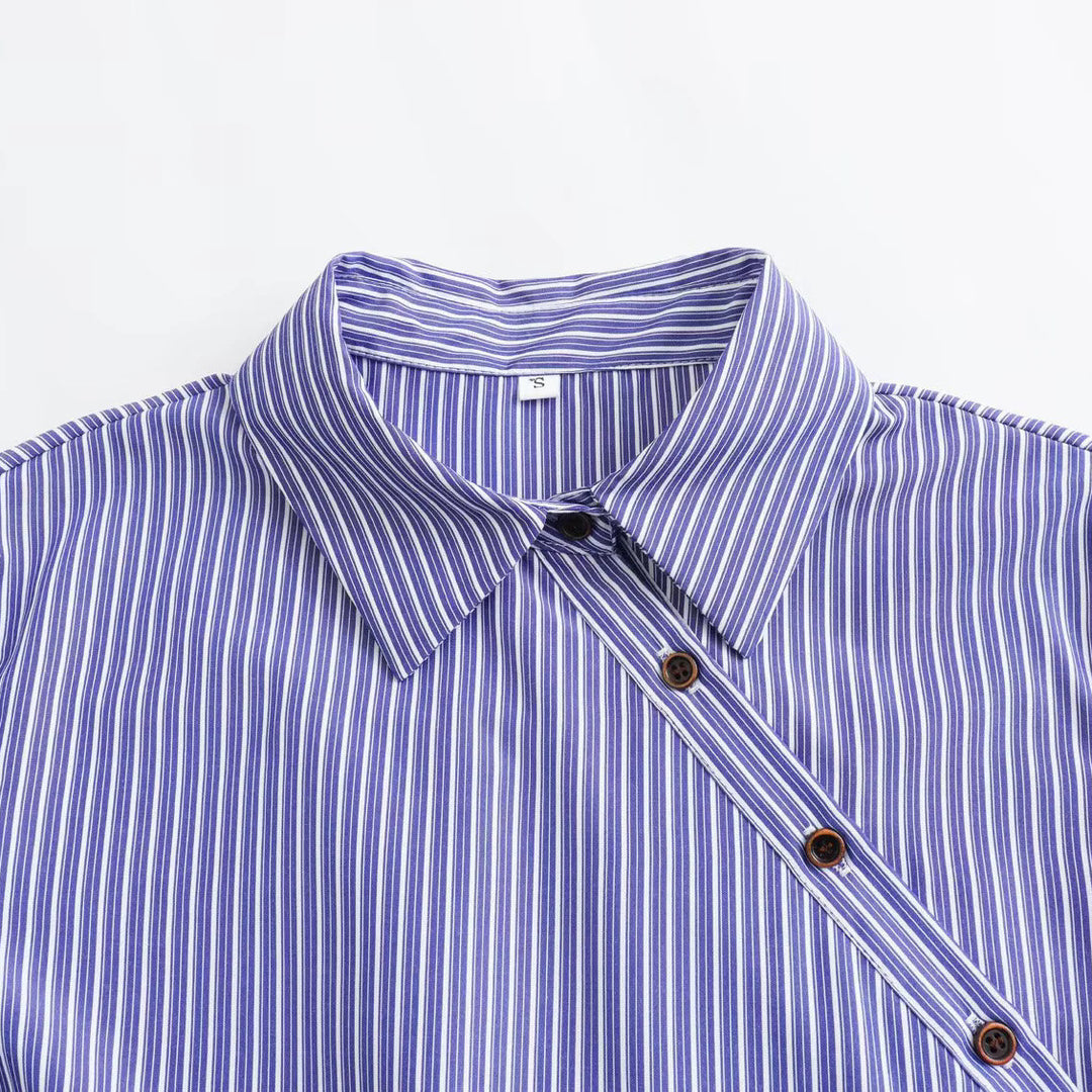 Women's Oversize Striped Blouse with Diagonal Button Placket and Kent Collar Amarae