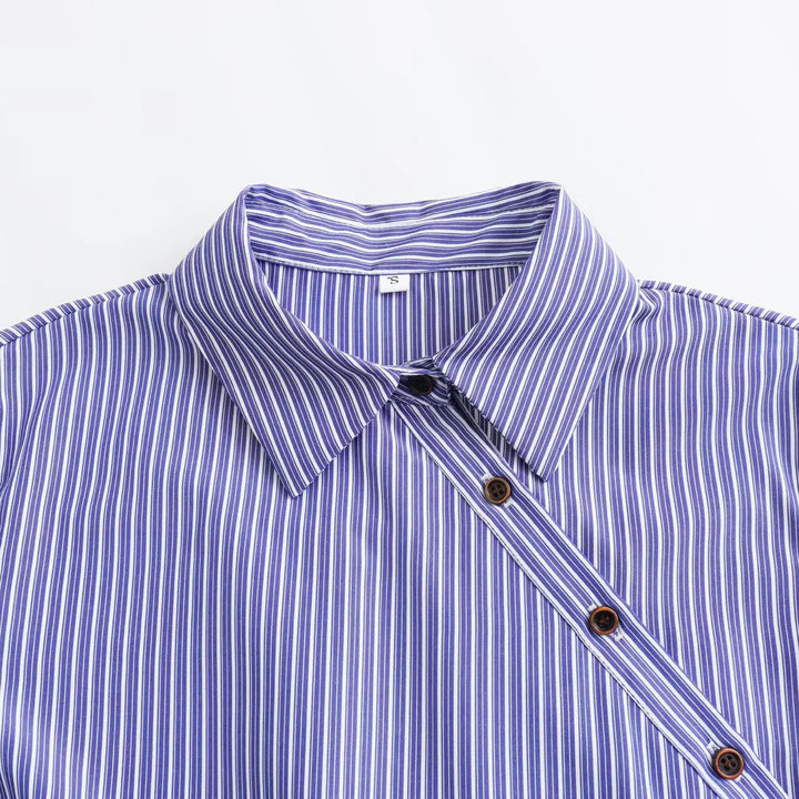 Women's Oversize Striped Blouse with Diagonal Button Placket and Kent Collar Amarae