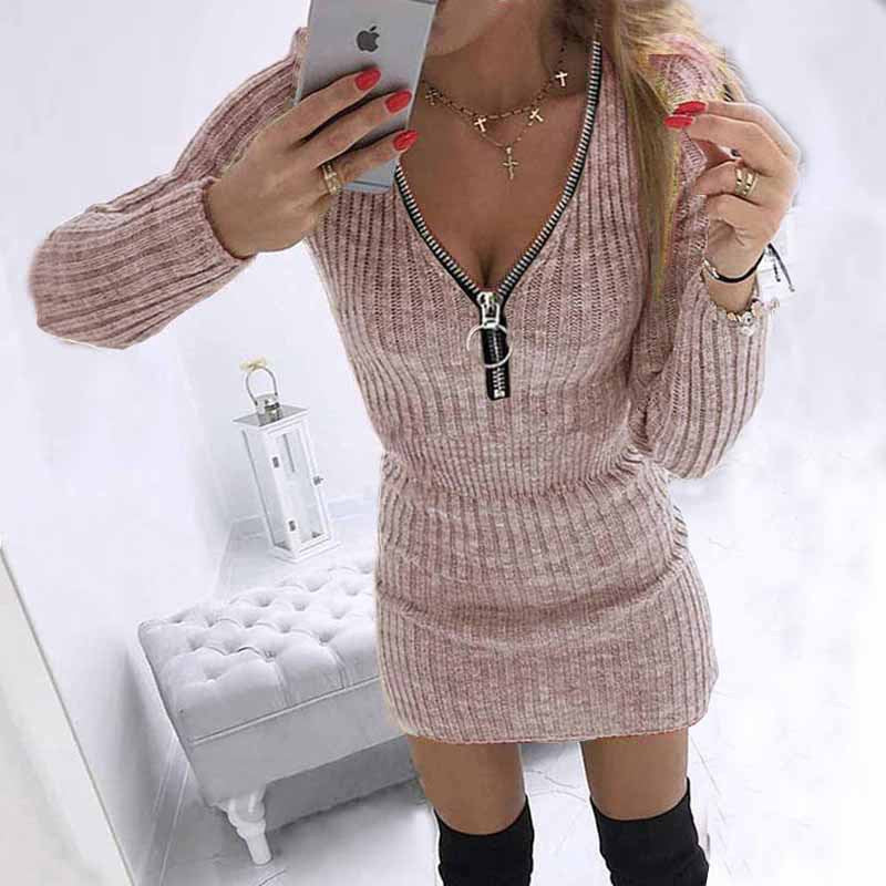 Women's Form-fitting Knit Dress with Deep Zipper and Rib Structure Amarae