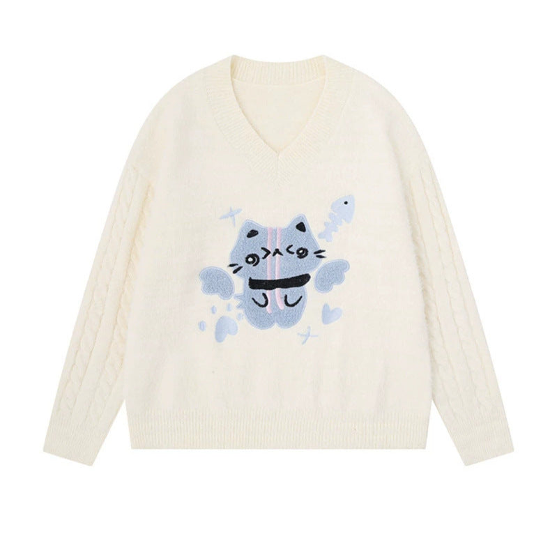 Women's V-neck knitted sweater with cable sleeves and chenille cat motif Amarae