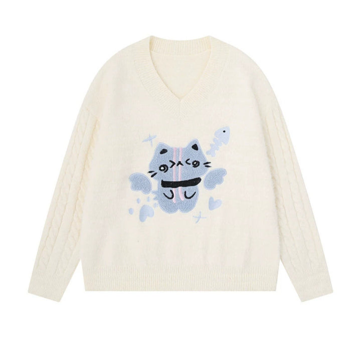 Women's V-neck knitted sweater with cable sleeves and chenille cat motif Amarae