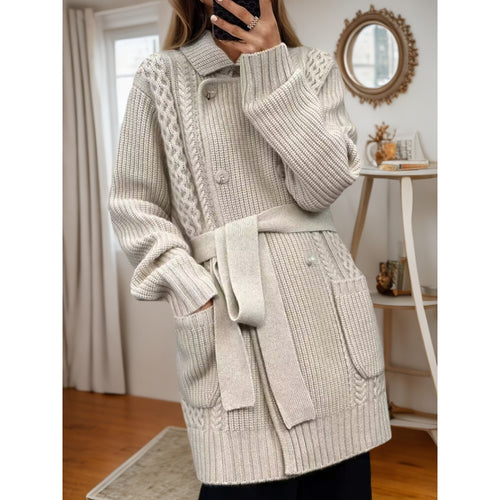 Knitted jacket for women with adjustable belt and textured cable pattern Amarae