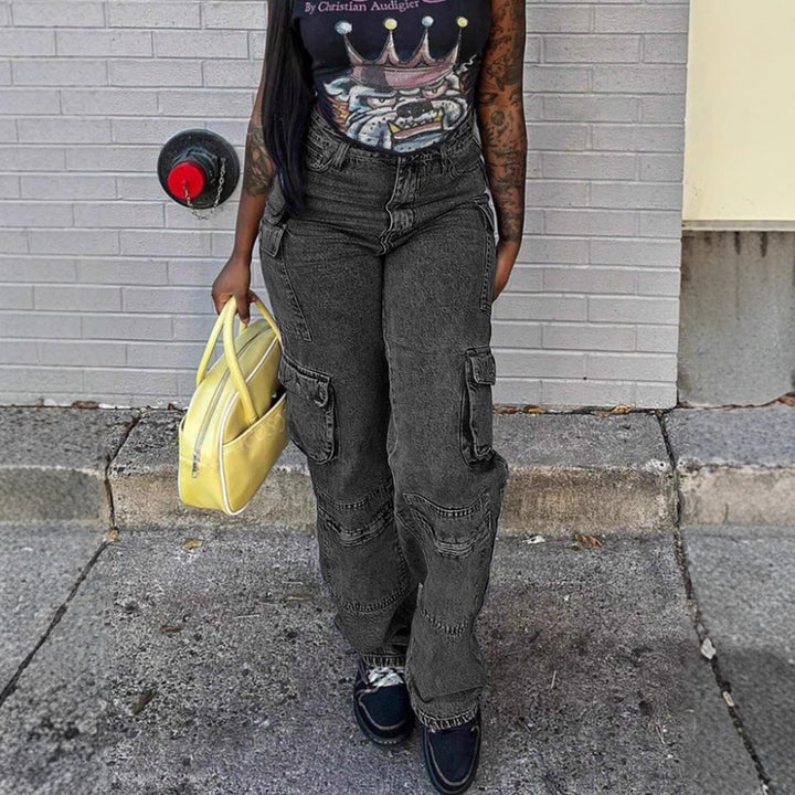 Women's Cargo Denim Pants with High Waist, Loose Baggy Cut and Functional Flap Pockets Amarae