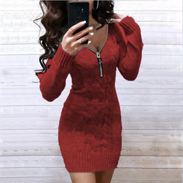 Ladies Knit Dress with Zipper and Cable Pattern Lune London