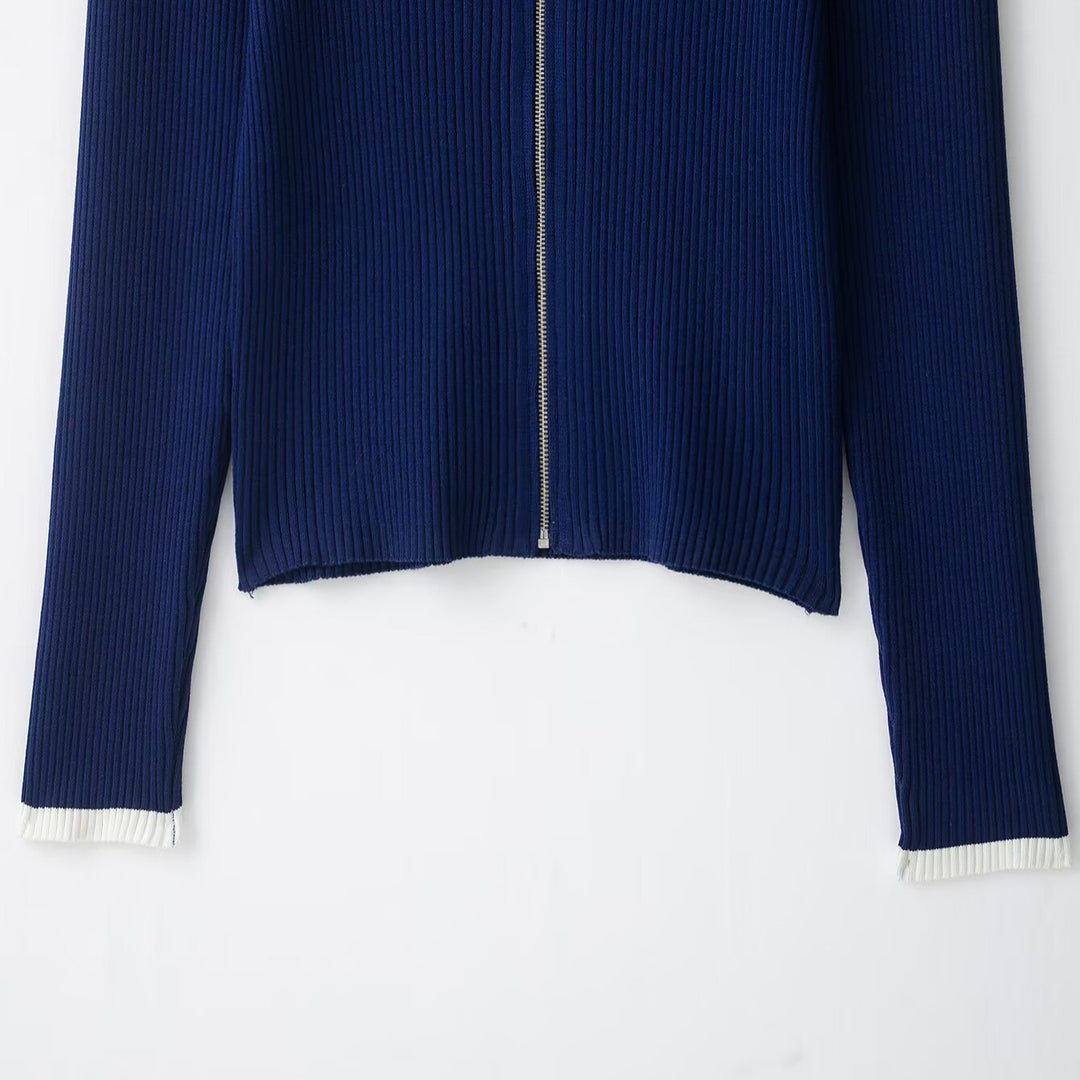 Women's ribbed cardigan with stand-up collar and full-length zipper Amarae