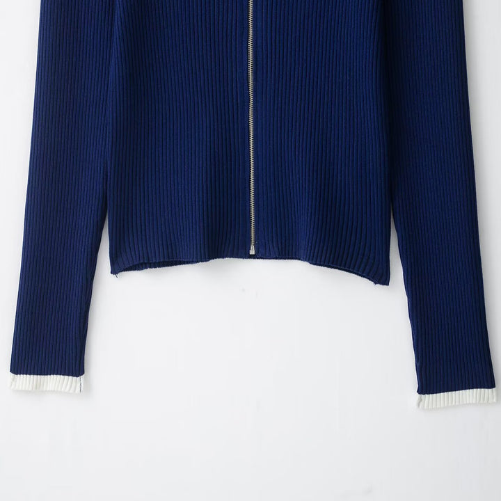 Women's ribbed cardigan with stand-up collar and full-length zipper Amarae