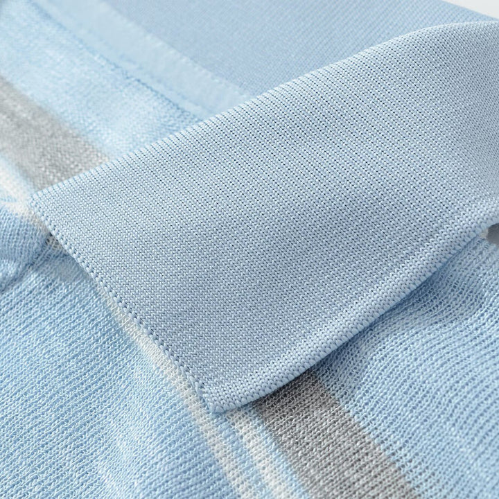 Men's knit polo shirt with open V-neck and fine stripe pattern Amarae