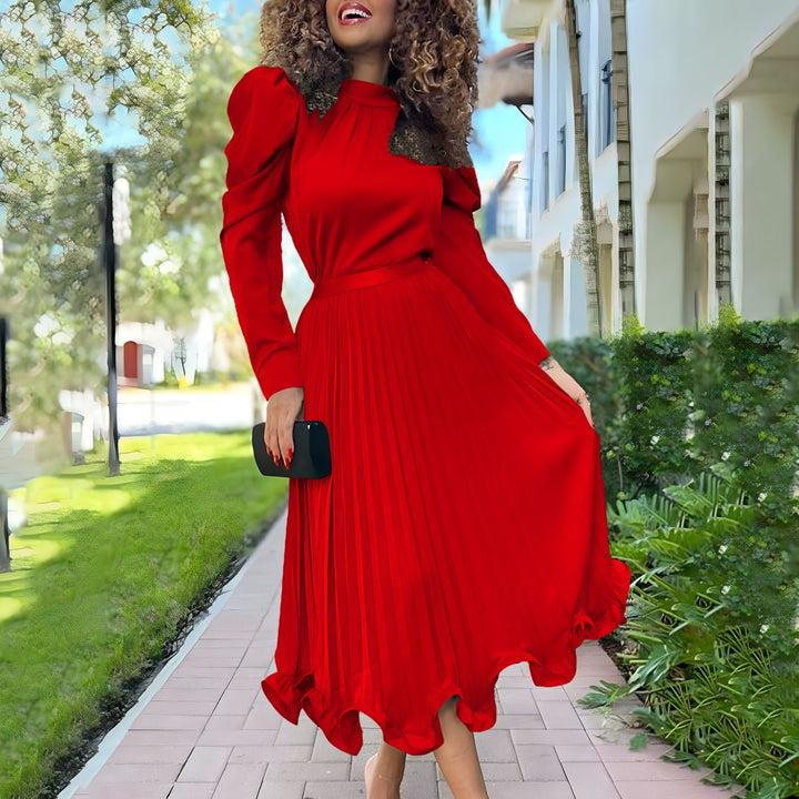 Ladies Elegant Midi Dress with High Collar and Chic Pleated Design