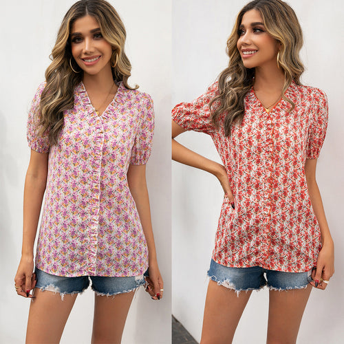 Blouse for ladies with ruffle details and a floral pattern Amarae