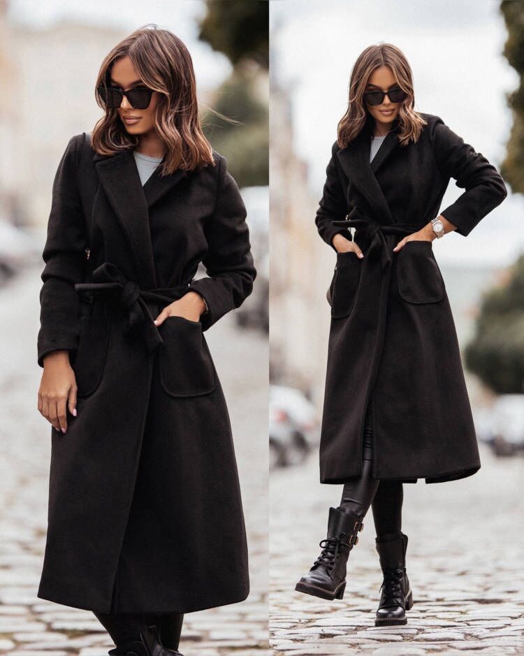 Ladies elegant wrap coat with practical pockets and adjustable belt Lune London