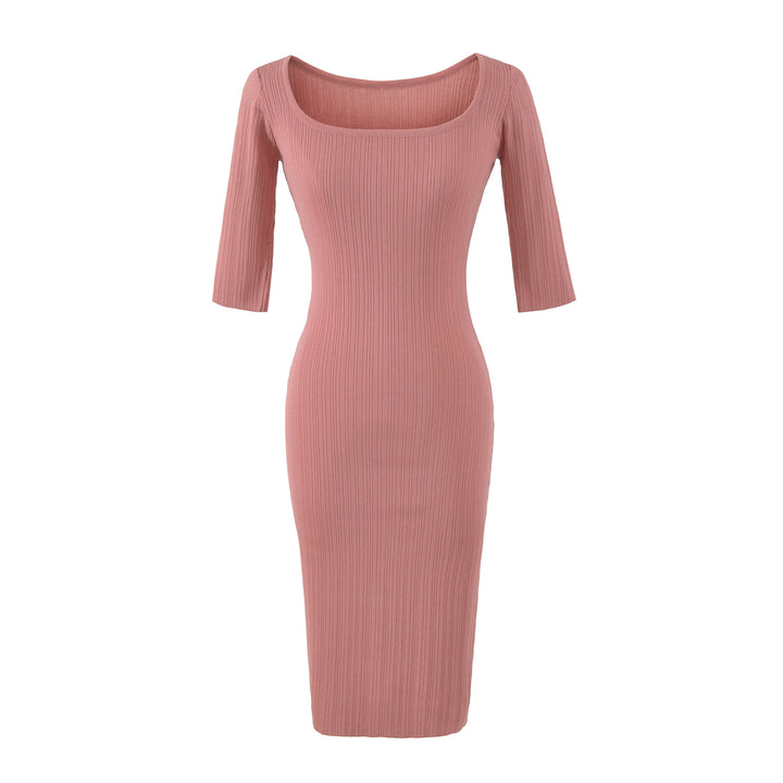 Women's Ribbed Midi Dress with Square Neckline and Three-Quarter Sleeves Amarae