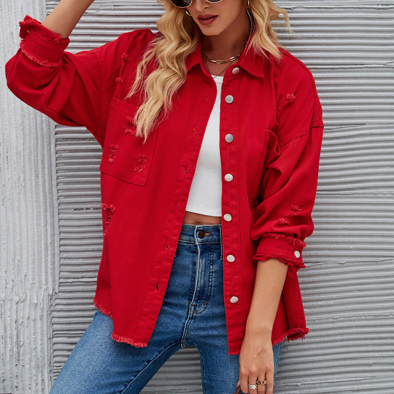 Oversized denim jacket for women with distressing effects