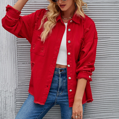 Oversized denim jacket for women with distressing effects