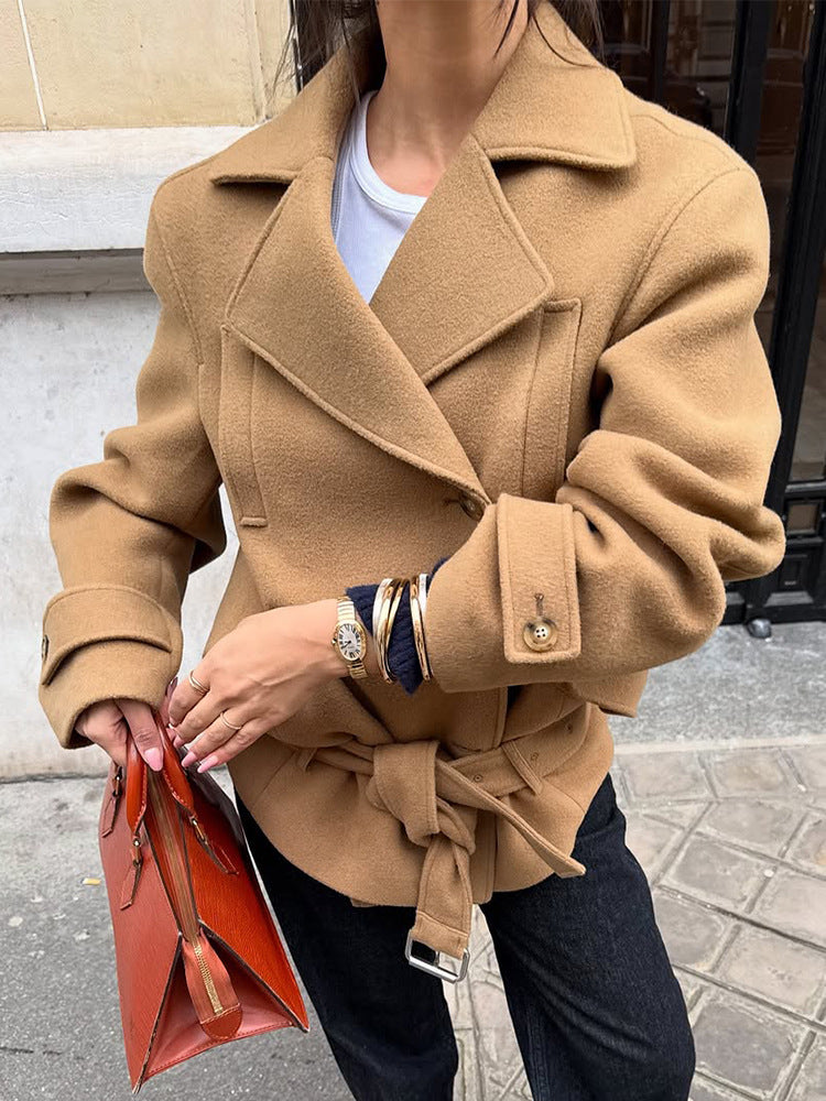 Women Tailored Wool Blend Short Coat with Tie Belt, Wide Lapels and Button Cuffs Amarae