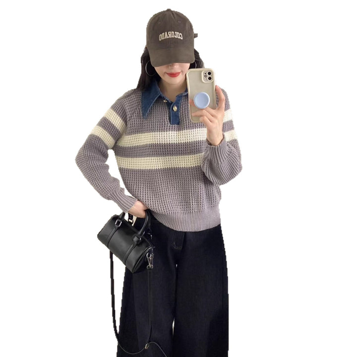 Pull en tricot décontracté pour femmes avec col et design rayé Chic & Stil
