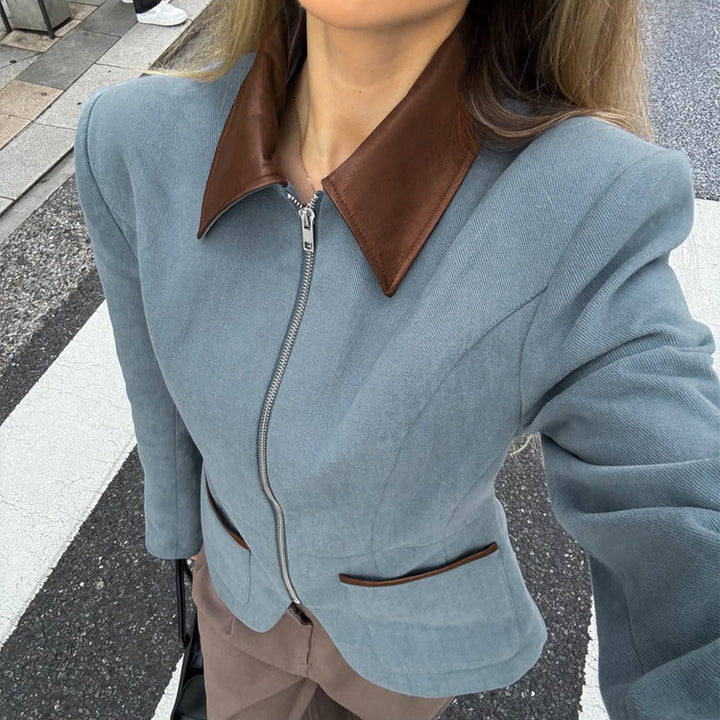 Women's Fitted Velvet Blazer with Zipper and Contrast Collar Amarae