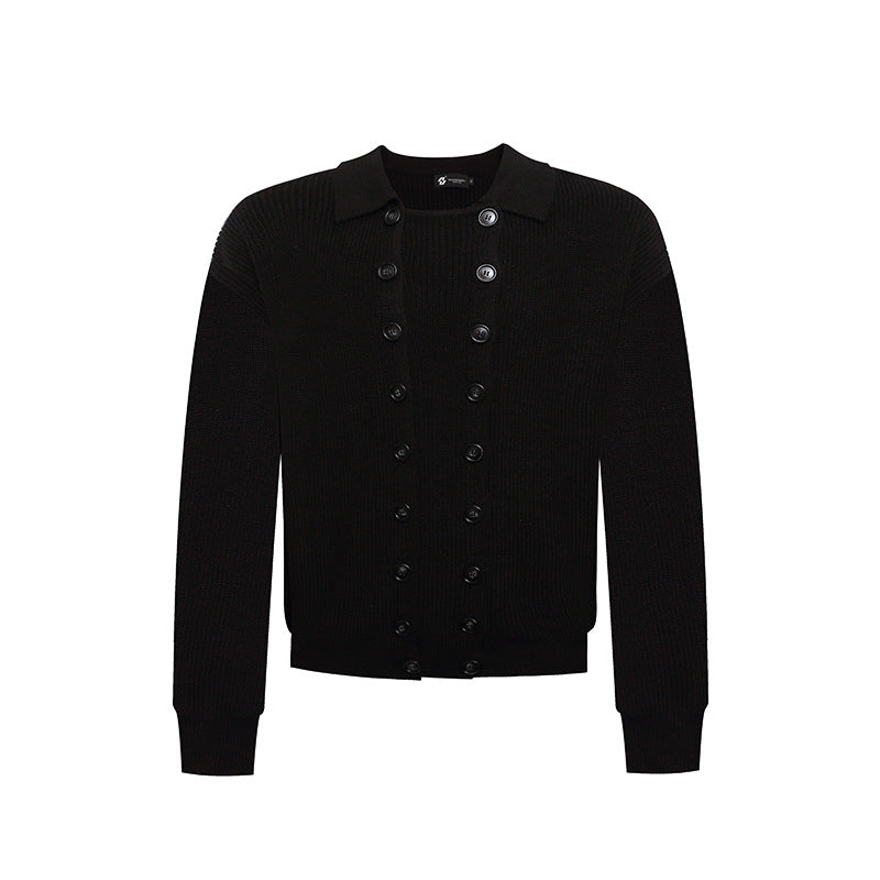 Men's Double-Breasted Knit Cardigan with Shirt Collar and Ribbed Cuffs Amarae