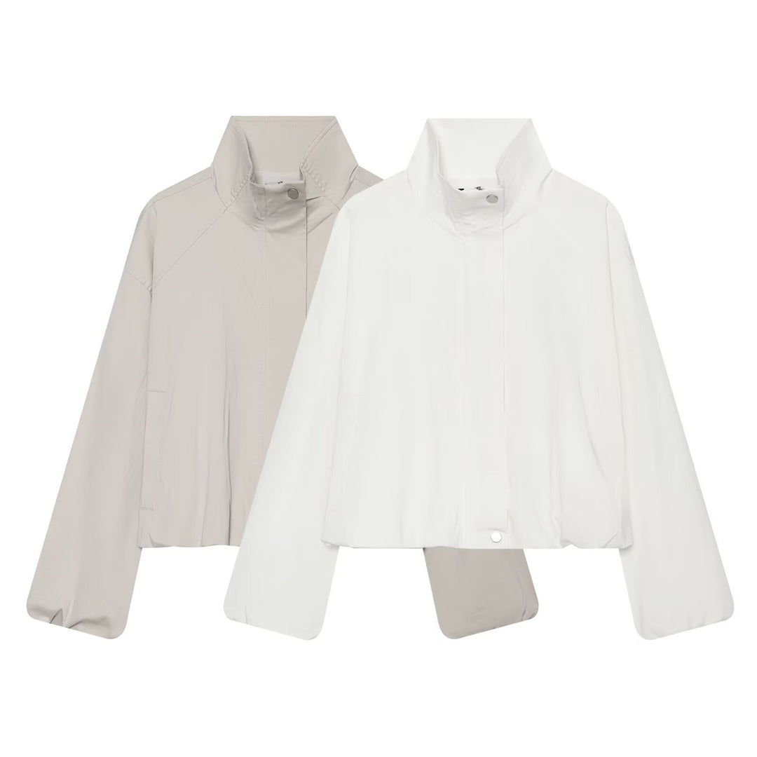 Women's Lightweight Cropped Transitional Jacket with Stand-Up Collar and Concealed Zipper Amarae