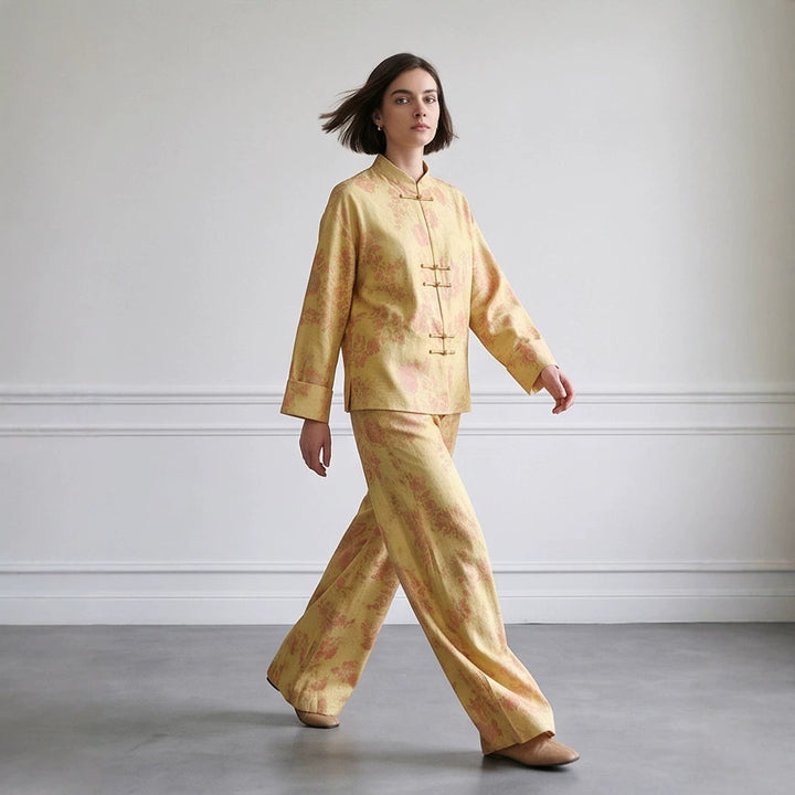 Womens Two-Piece Jacquard Set with Mandarin Collar and Wide Cut Trousers Amarae