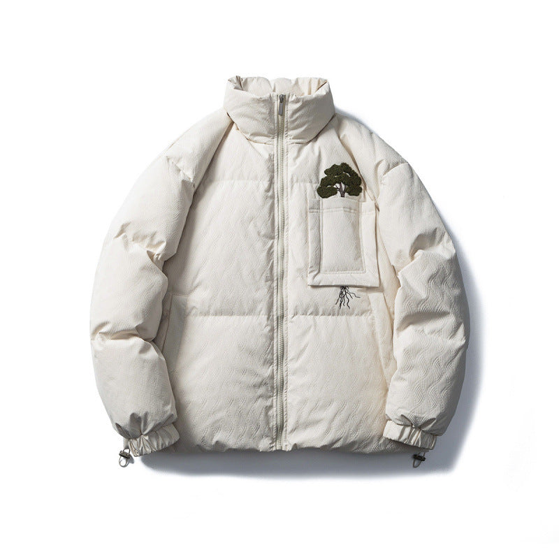 Unisex Kastig padded stand-up collar jacket with tree embroidery, chest flap pocket and drawstring hem Amarae