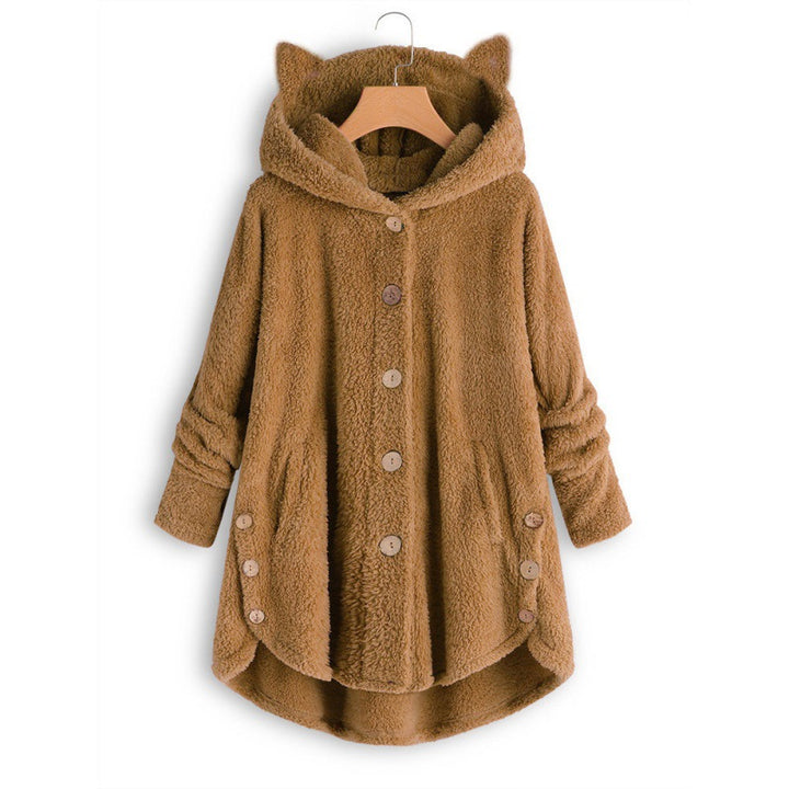 Women's Hooded Teddy Coat with Cat Ears, Button Placket and Asymmetrical Hem Amarae