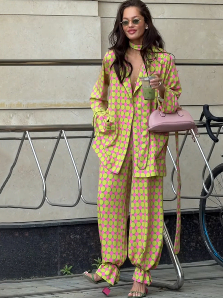 Women Two-Piece Silk Look Suit Set with Oversized Blazer, Wide Pleated Pants & Matching Tube Scarf Amarae