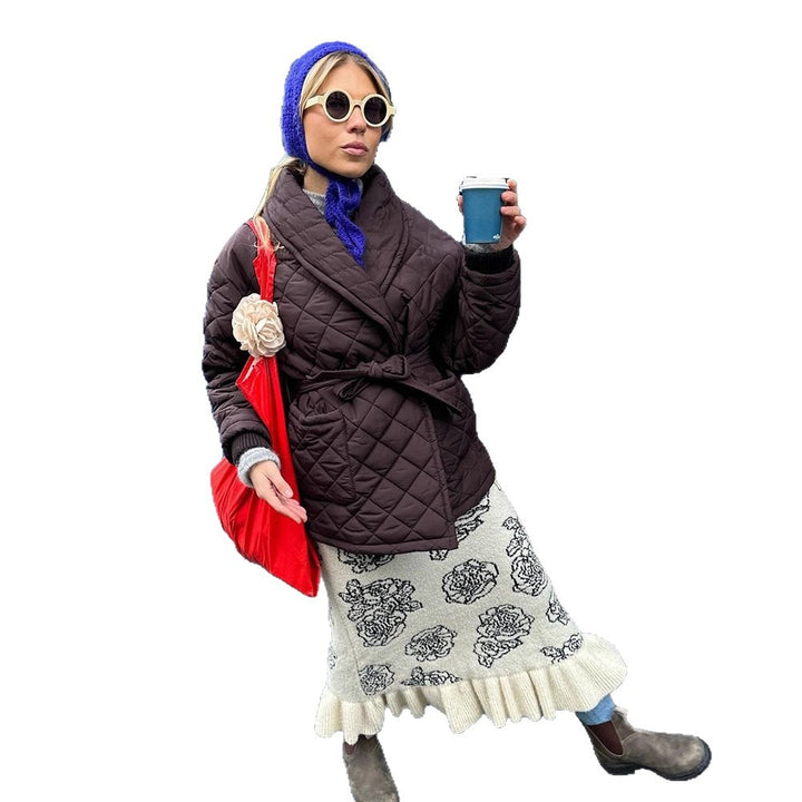 Women's wrap quilted jacket with tie belt at the waist and shawl collar Amarae