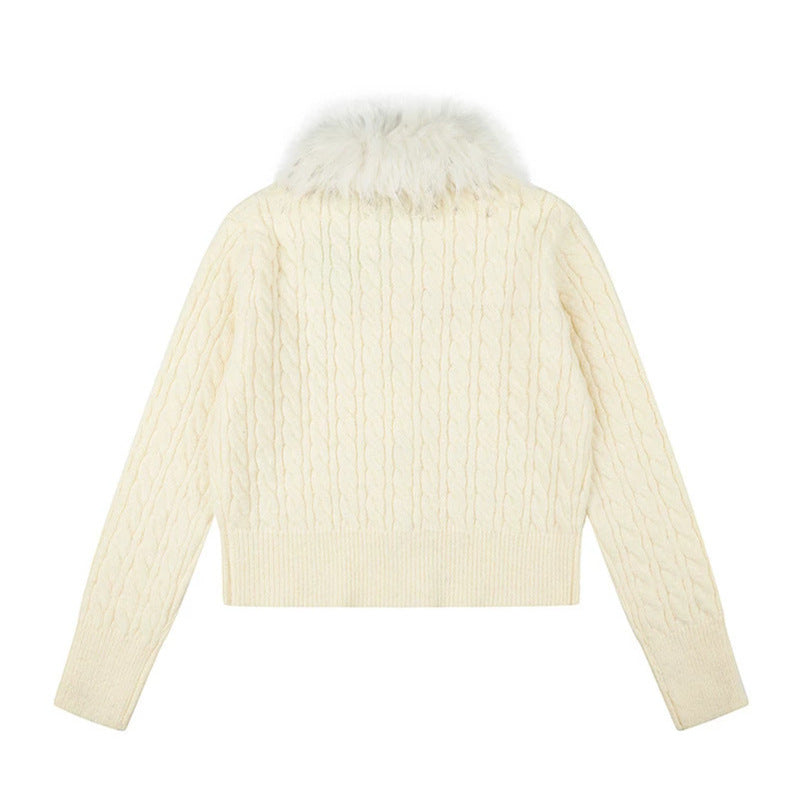 Women's Short Cable Knit Cardigan with Removable Faux Fur Collar and Toggle Button Closure Amarae