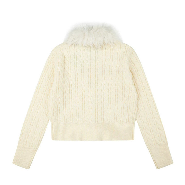 Women's Short Cable Knit Cardigan with Removable Faux Fur Collar and Toggle Button Closure Amarae