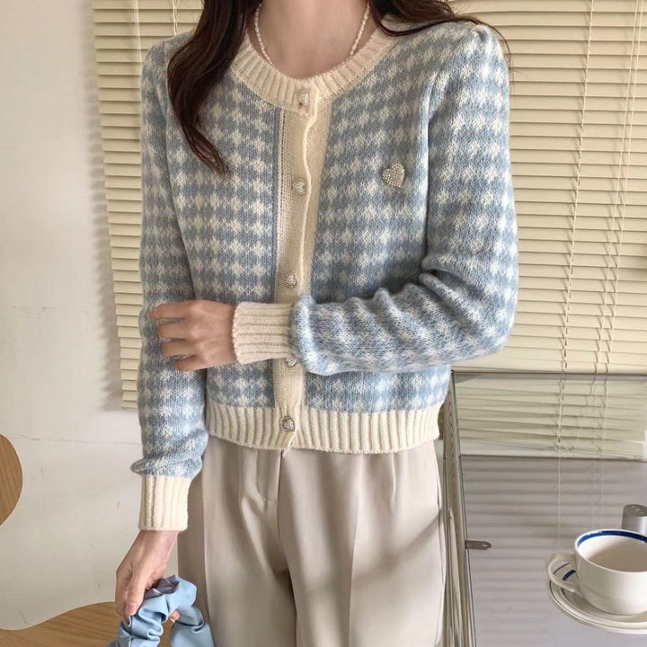 Ladies buttoned tartan knit pullovers Lune London