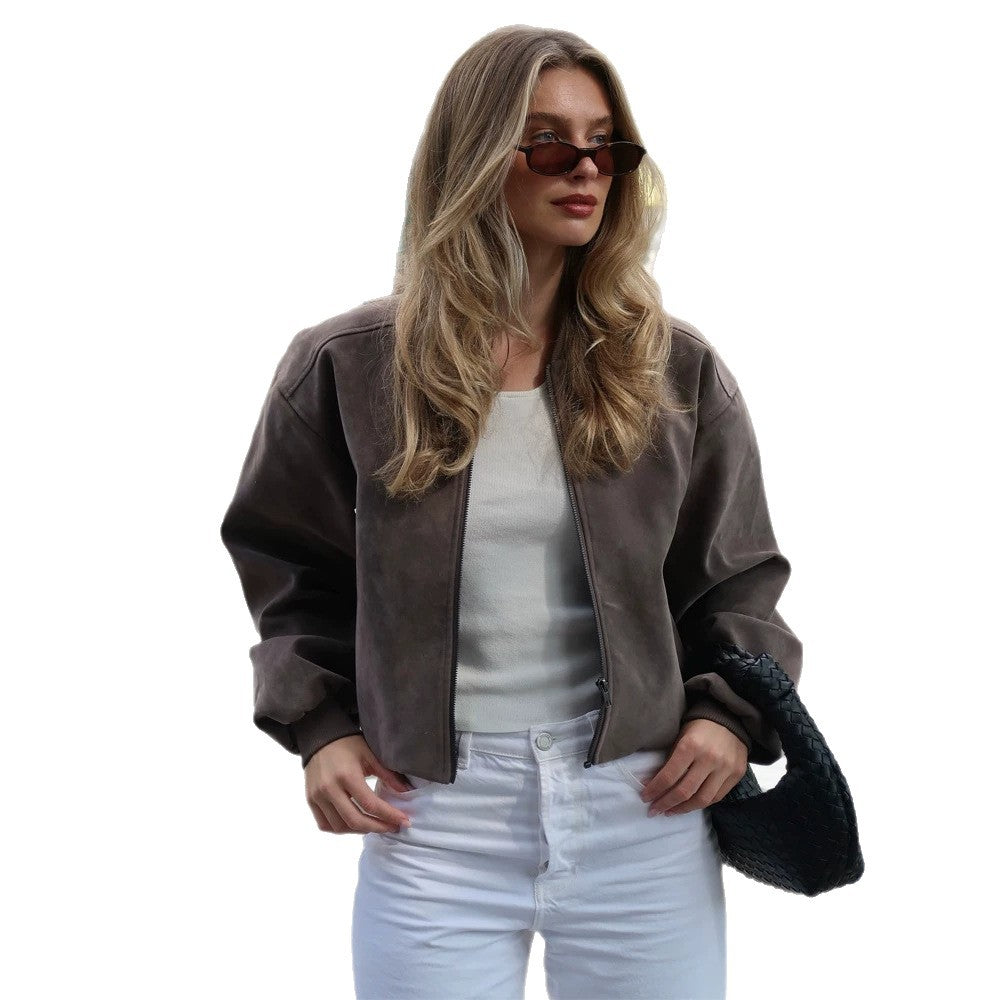 Women's Short Boxy Suede Bomber Jacket with Stand Collar and Ribbed Cuffs Amarae