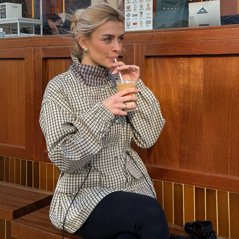 Women Checkered Waist Parka with Stand-up Collar, Drawstring, and Flap Pockets Amarae