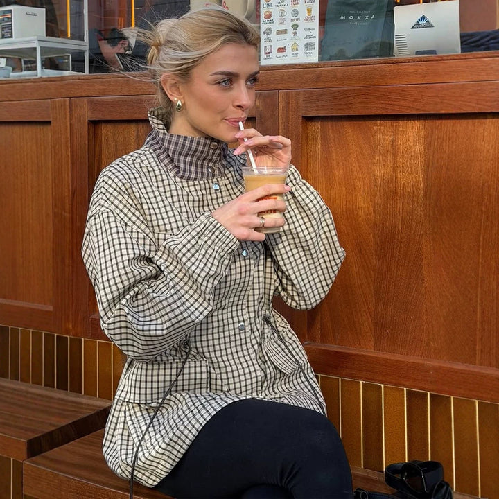 Women Checkered Waist Parka with Stand-up Collar, Drawstring, and Flap Pockets Amarae